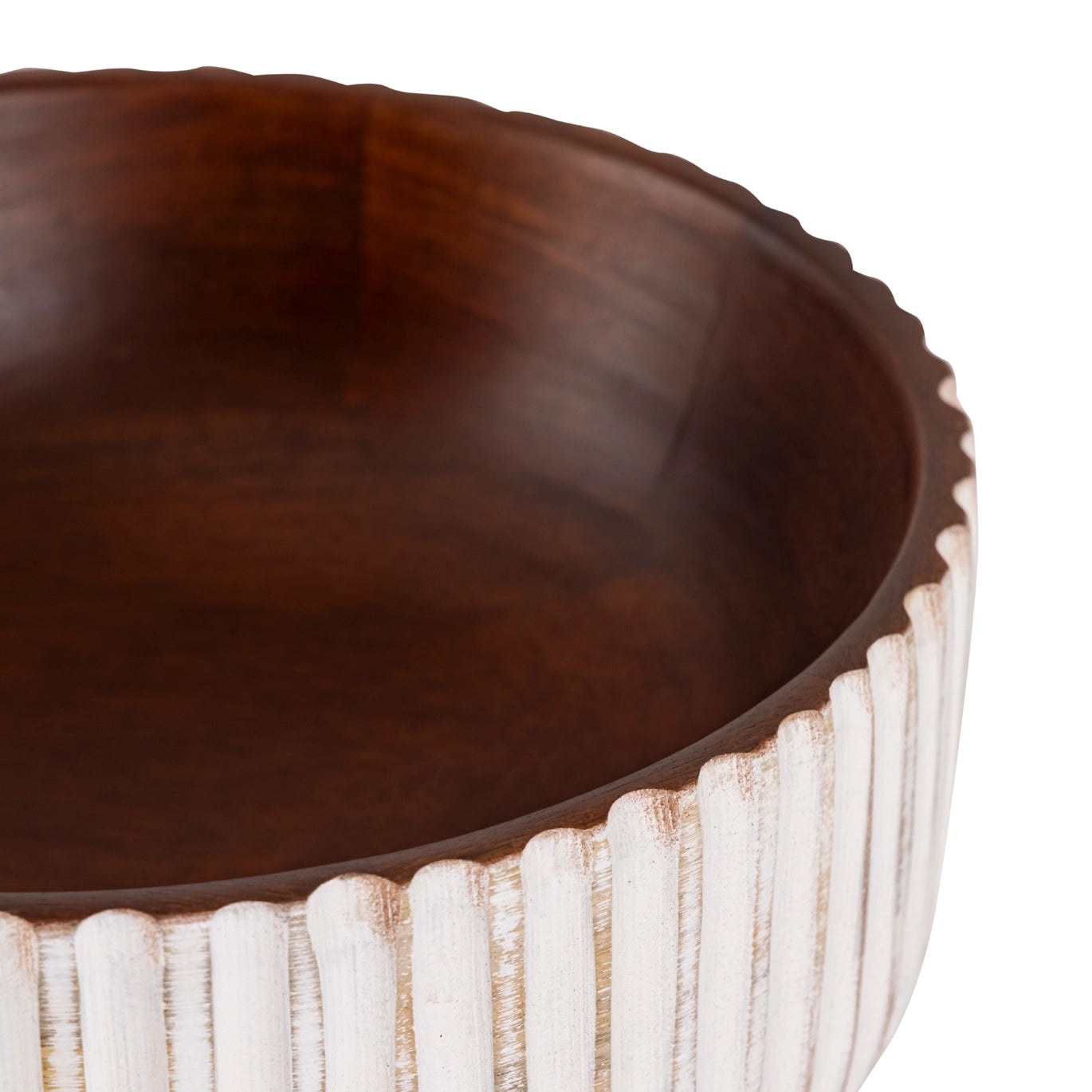 White & Walnut Large Round Wooden Bowl 10" D