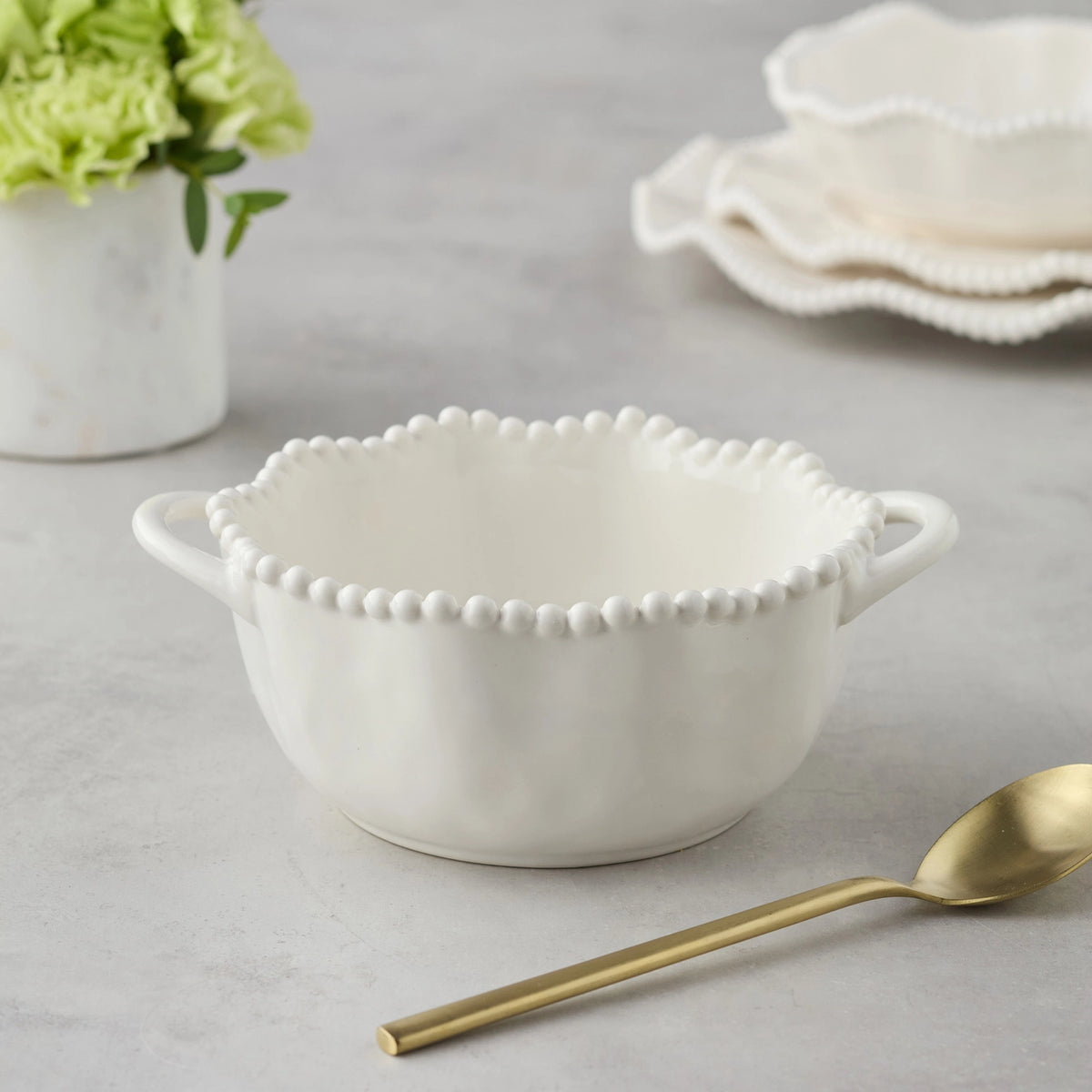 White Ceramic Decorative Bowl with Beaded Rim & Handles