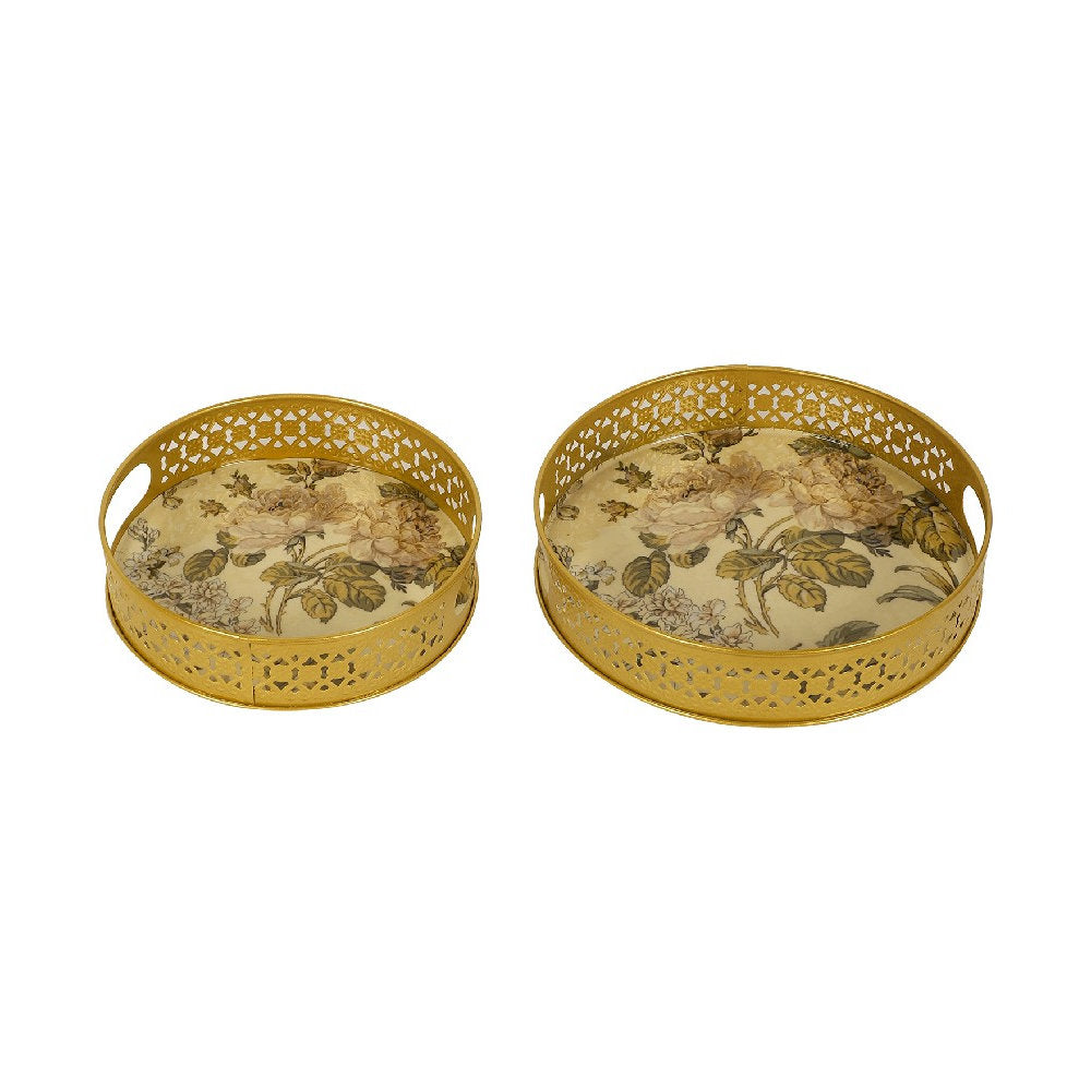 Green & Pink Floral Iron Tray Set of 2