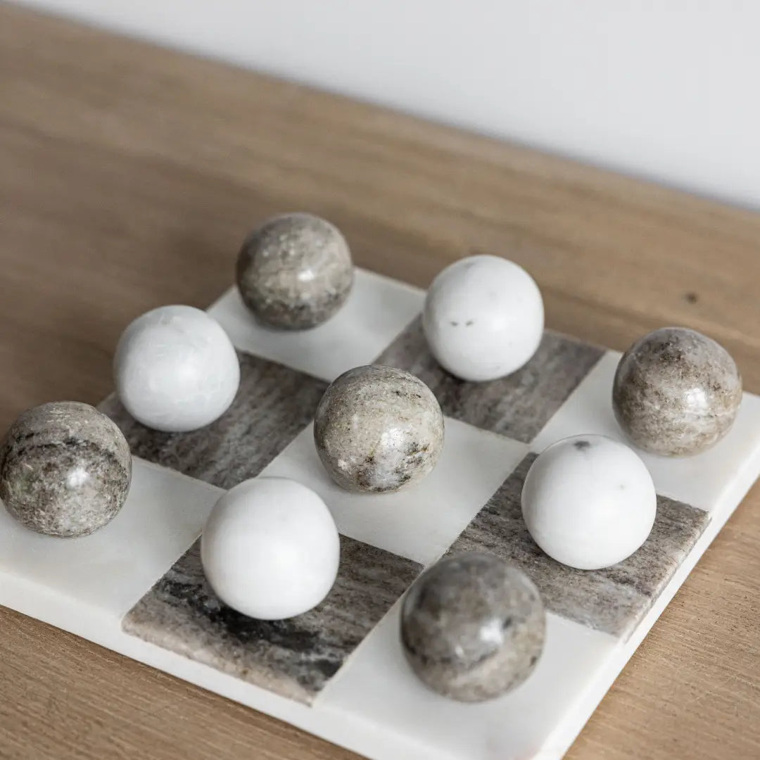 White & Beige Marble Tic-Tac-Toe Game Set