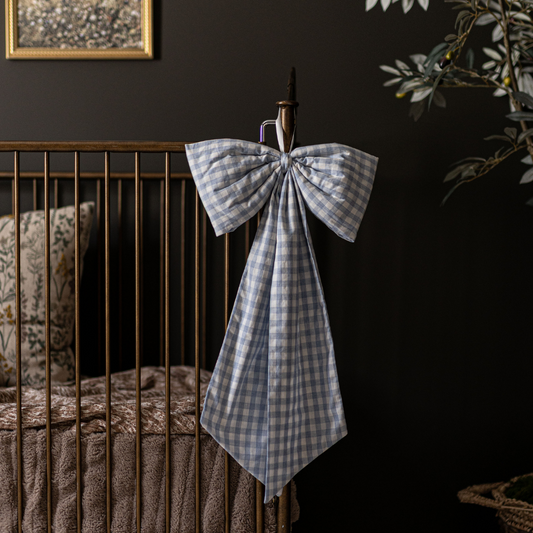 Baby Blue Gingham Fabric Bow – Decorative Nursery Ribbon Accent