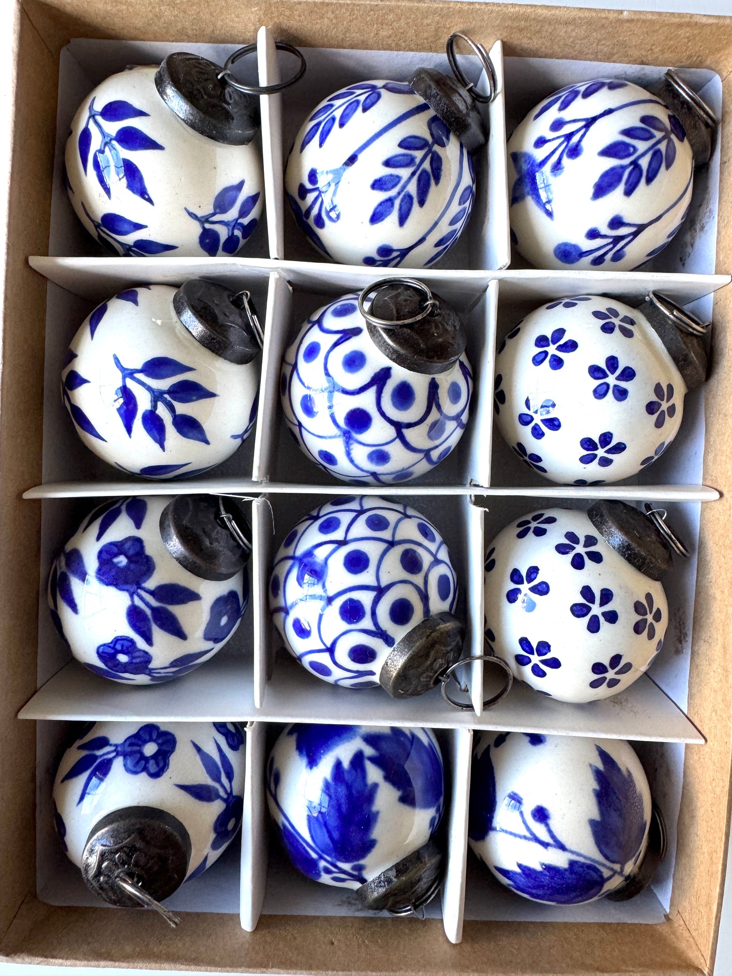 Blue and White Ceramic Balls Christmas Ornaments Set of 12 Flowers & Leaves - Rustike Home