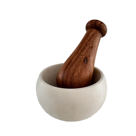 White Marble & Wood "Llely" Mortar & Pestle - Rustike Home