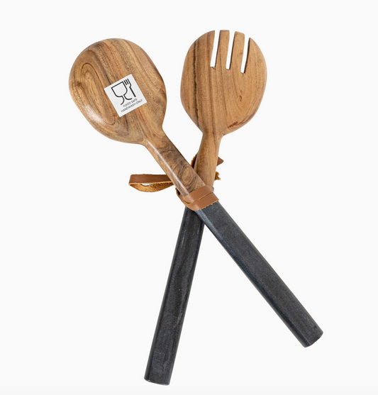 Serving Wood Utensils" Luly" Black Marble Handles Set of 2 - Rustike Home