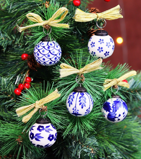 Blue and White Ceramic Balls Christmas Ornaments Set of 12 Flowers & Leaves - Rustike Home