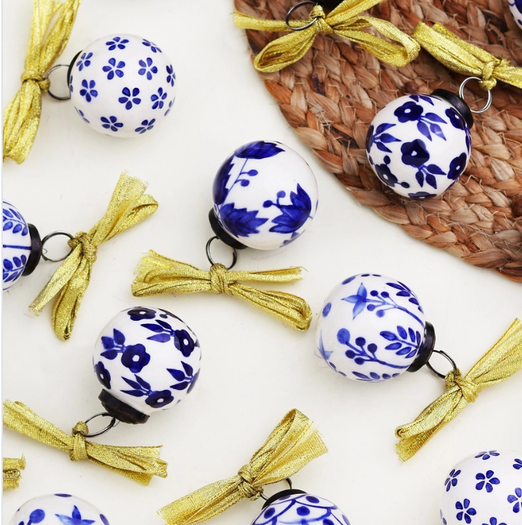 Blue and White Ceramic Balls Christmas Ornaments Set of 12 Flowers & Leaves - Rustike Home