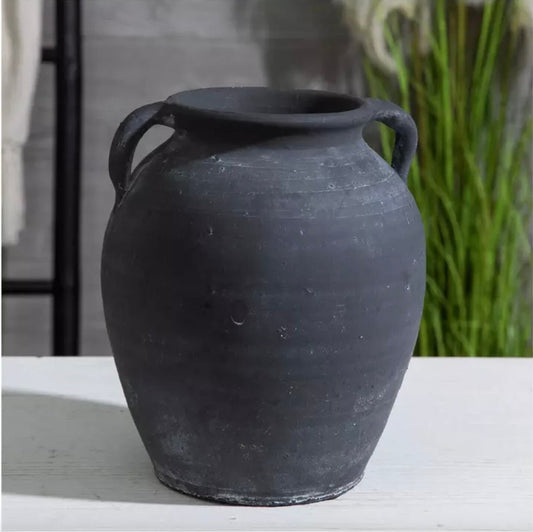Round Rough Black Terracotta "Byblos" Vintage Vase Pot for Plants and Home Decor | Style 141 - Rustike Home