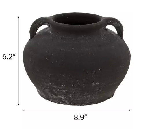 Round Rough Black Terracotta "Porto Short" Vintage Vase Pot for Home Decor | Style 143 - Rustike Home