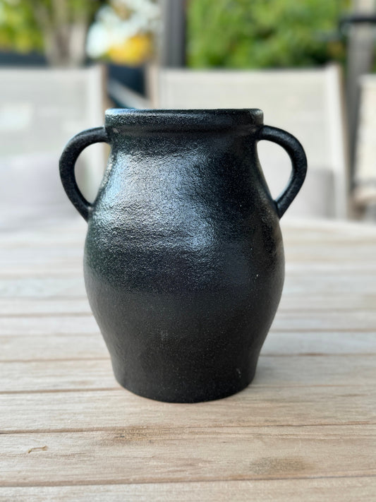 Round Rough Black Terracotta "Adonis" Double Handle Vase Pot for Home Decor | Style 144 - Rustike Home