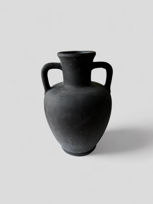 Round Rough Black Vintage Vase w/two handles Pot for Home Decor - Rustike Home