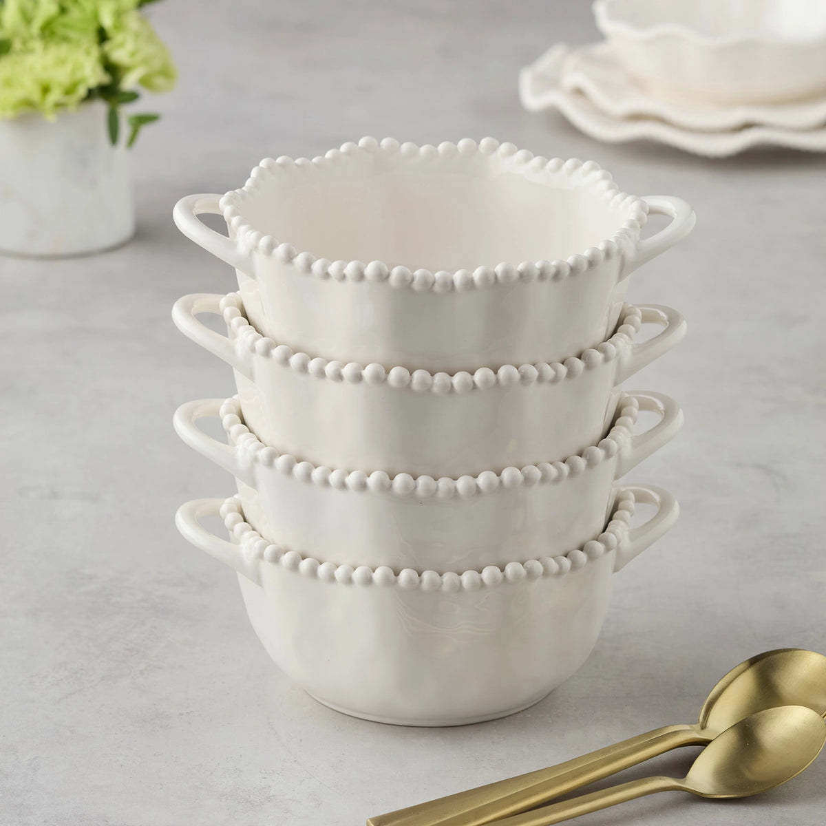 White Ceramic Decorative Bowl with Beaded Rim & Handles