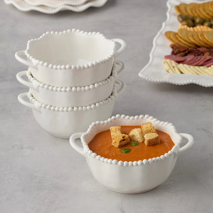 White Ceramic Decorative Bowl with Beaded Rim & Handles