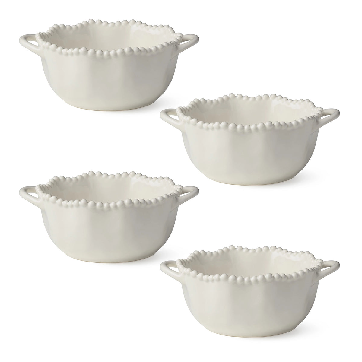 White Ceramic Decorative Bowl with Beaded Rim & Handles