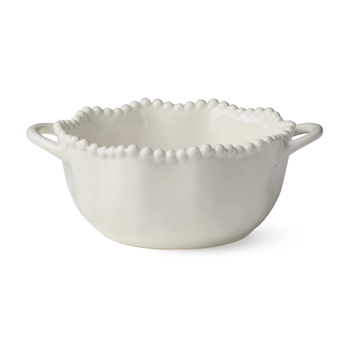 White Ceramic Decorative Bowl with Beaded Rim & Handles