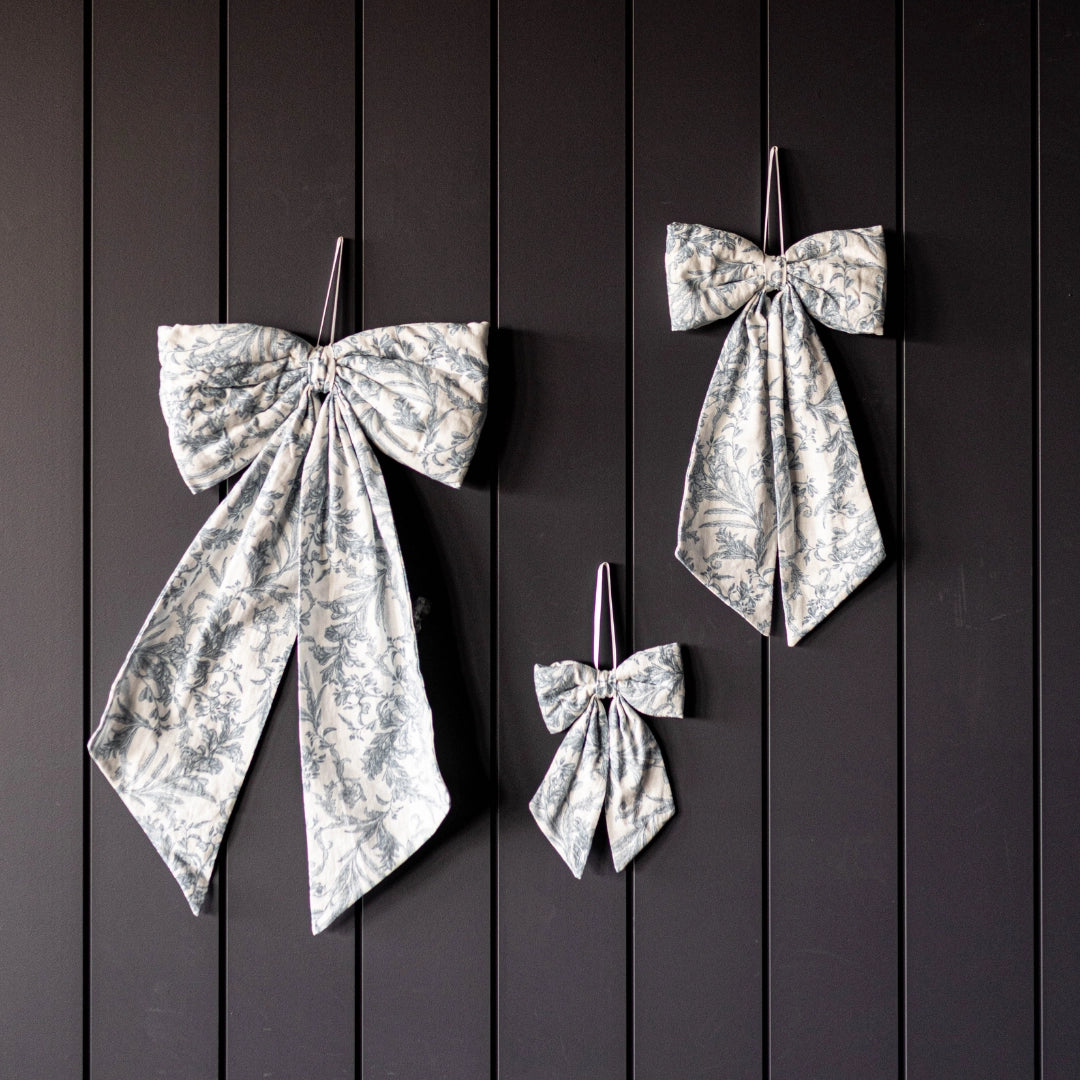 Blue White Toile Fabric Bow – Decorative Baby Nursery Ribbon Accent