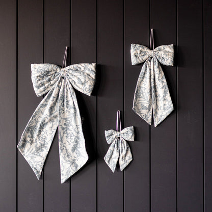 Blue White Toile Fabric Bow – Decorative Baby Nursery Ribbon Accent