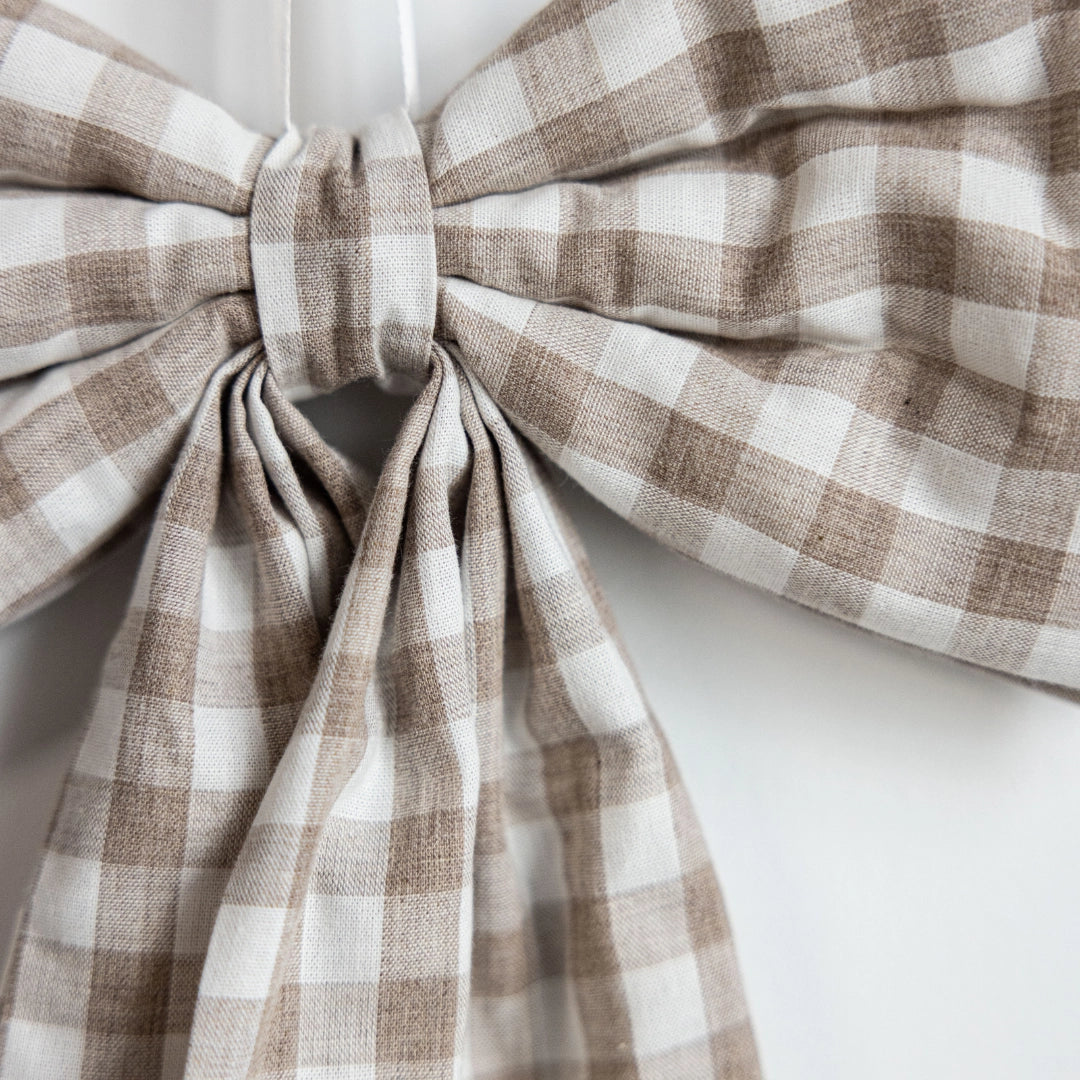 Soft Beige Gingham Fabric Bow – Decorative Nursery Ribbon Accent