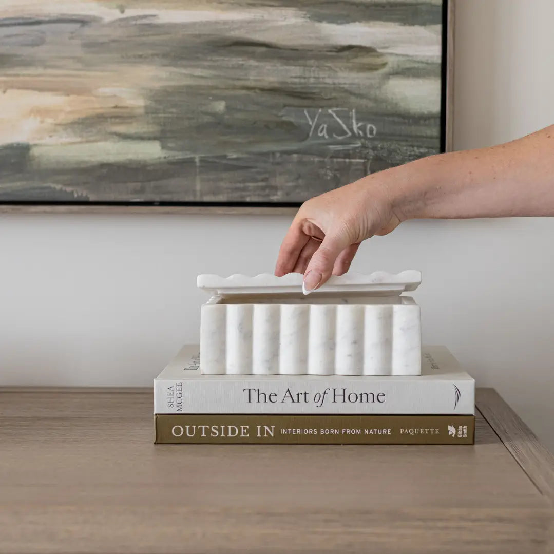 White Marble Fluted Decorative Box with Scalloped Design