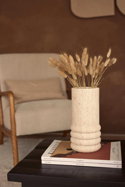 Natural Travertine "Ribbed" 9-3/4 in. Cylinder Vase