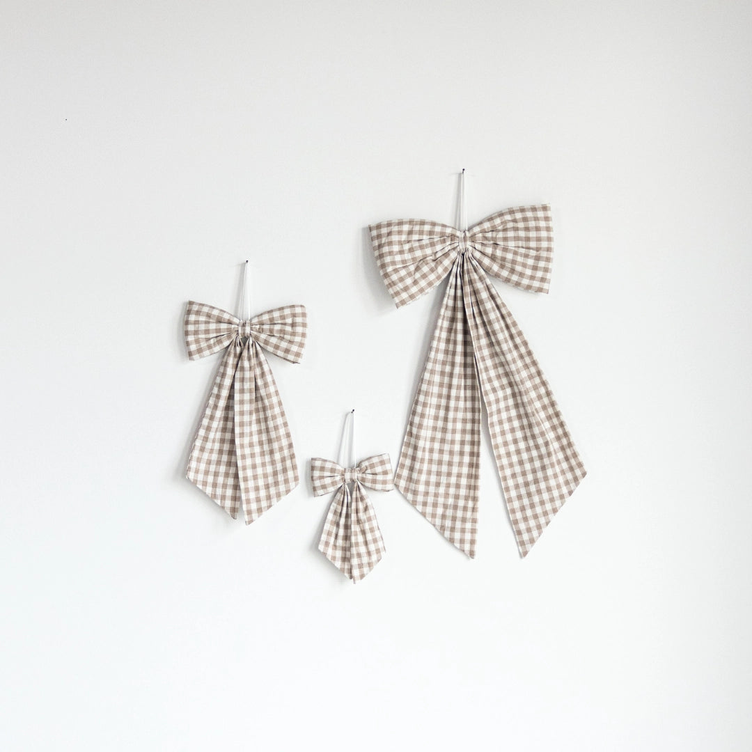 Soft Beige Gingham Fabric Bow – Decorative Nursery Ribbon Accent