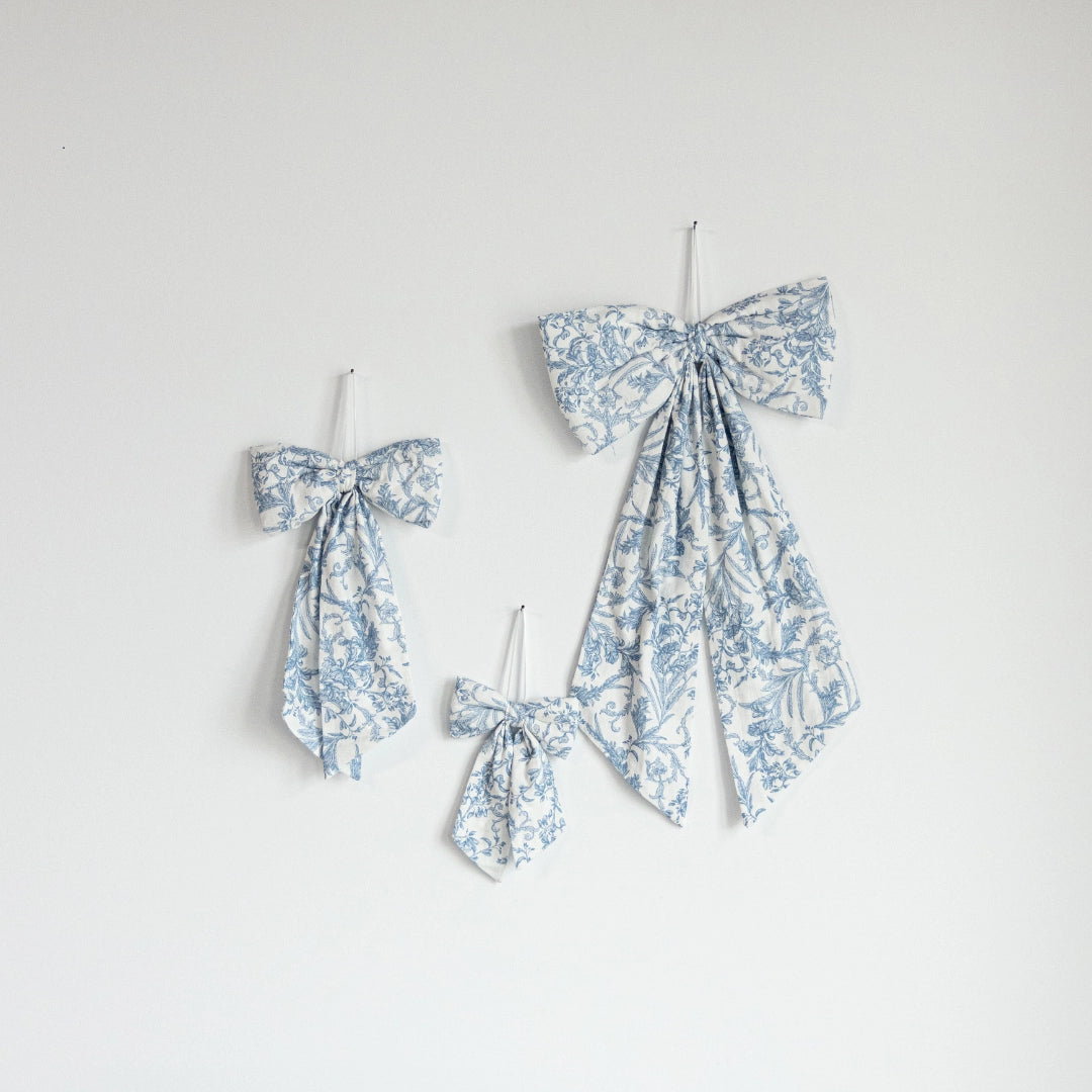 Blue White Toile Fabric Bow – Decorative Baby Nursery Ribbon Accent