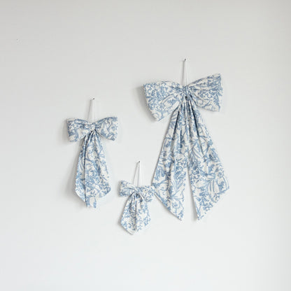 Blue White Toile Fabric Bow – Decorative Baby Nursery Ribbon Accent