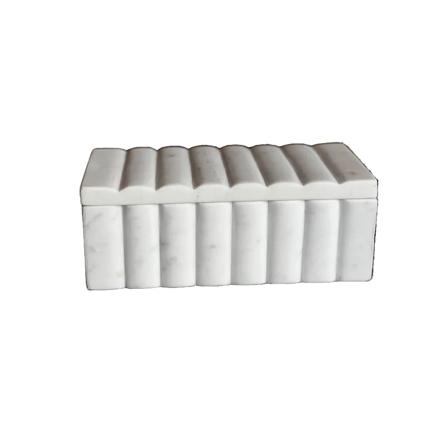White Marble Fluted Decorative Box with Scalloped Design