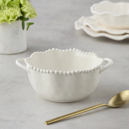 White Ceramic Decorative Bowl with Beaded Rim & Handles