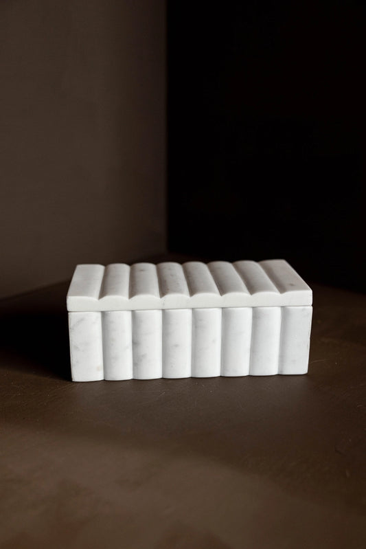 White Marble Fluted Decorative Box with Scalloped Design