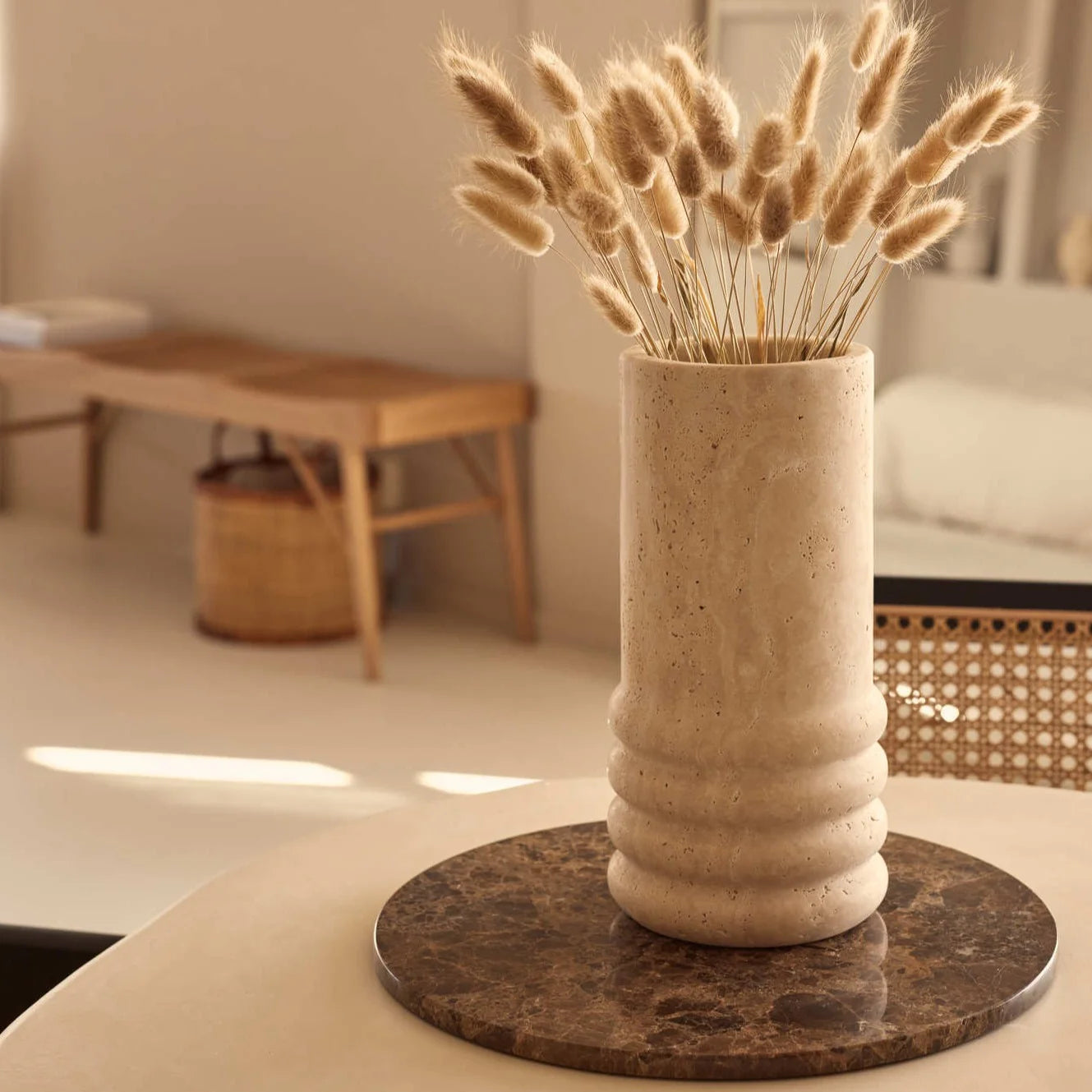 Natural Travertine "Ribbed" 9-3/4 in. Cylinder Vase