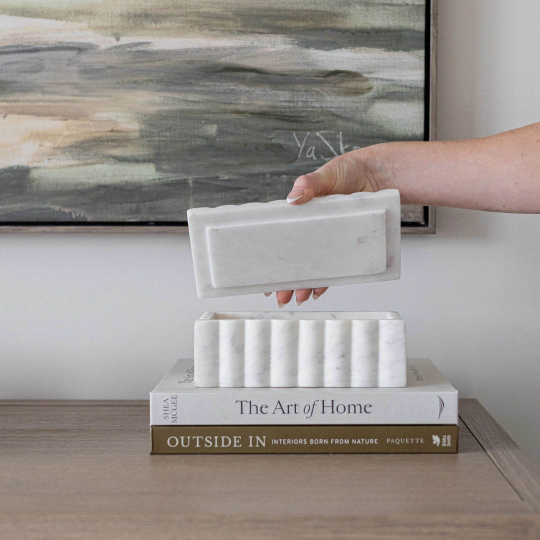 White Marble Fluted Decorative Box with Scalloped Design
