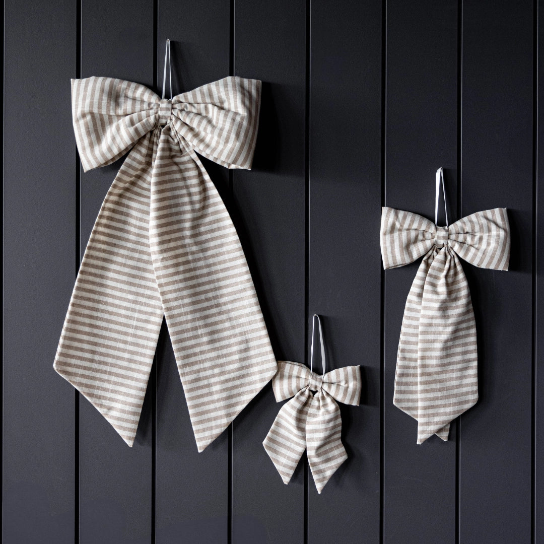 Beige White Striped Fabric Bow – Decorative Nursery Ribbon Accent - Rustike Home
