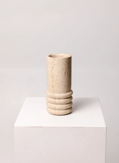 Natural Travertine "Ribbed" 9-3/4 in. Cylinder Vase