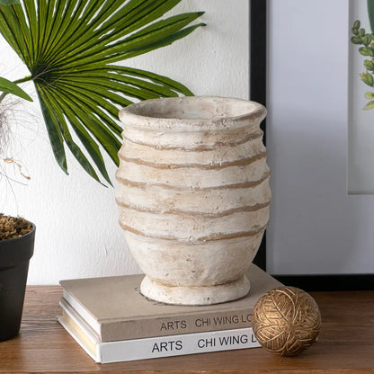 Rustic Distressed Off-White Ribbed Vase – 9"