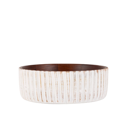 White & Walnut Large Round Wooden Bowl 10" D