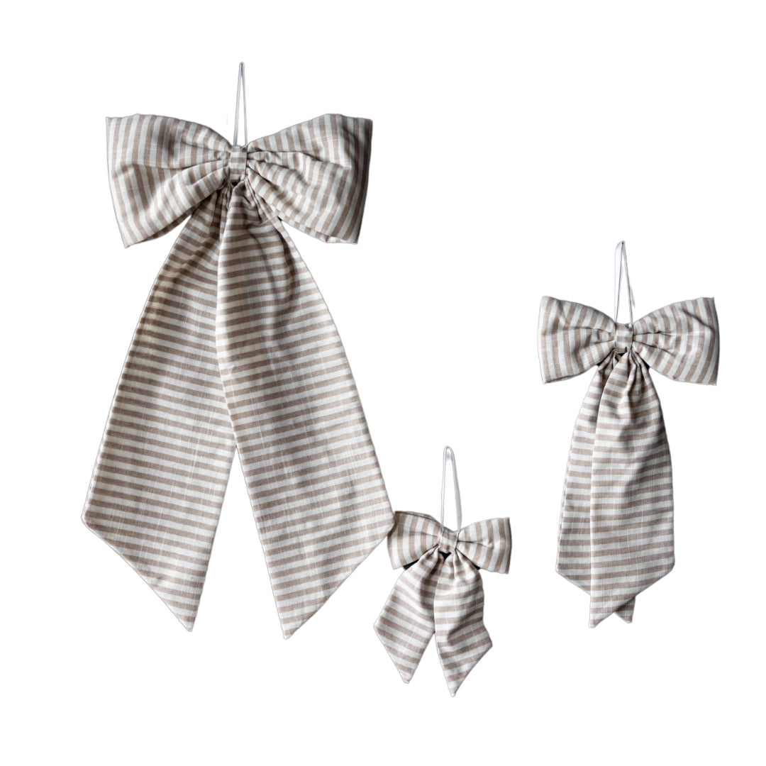 Beige White Striped Fabric Bow – Decorative Nursery Ribbon Accent - Rustike Home