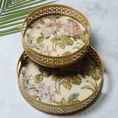 Green & Pink Floral Iron Tray Set of 2