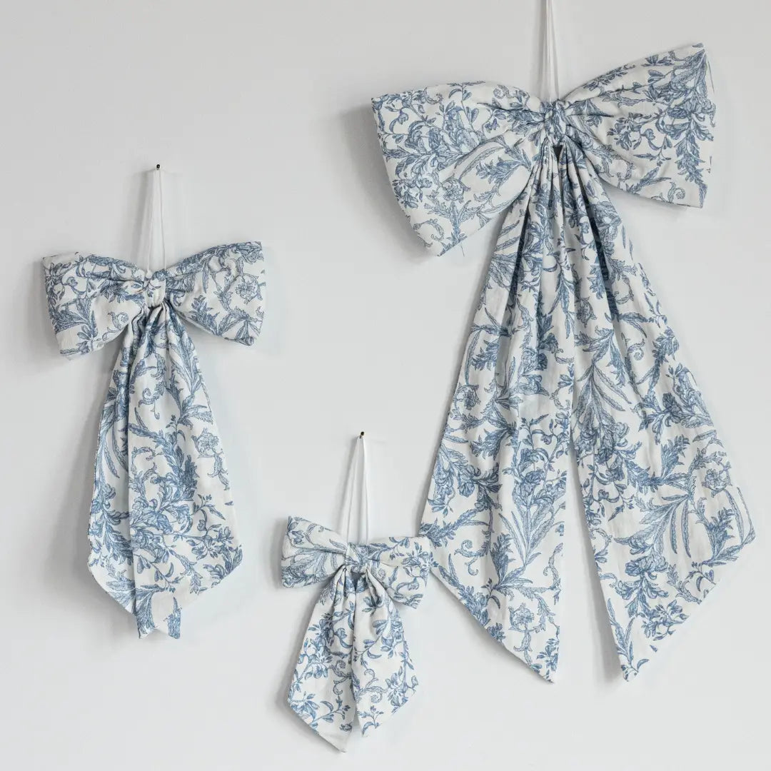 Blue White Toile Fabric Bow – Decorative Baby Nursery Ribbon Accent