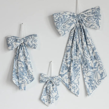 Blue White Toile Fabric Bow – Decorative Baby Nursery Ribbon Accent