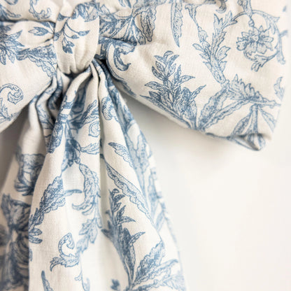 Blue White Toile Fabric Bow – Decorative Baby Nursery Ribbon Accent