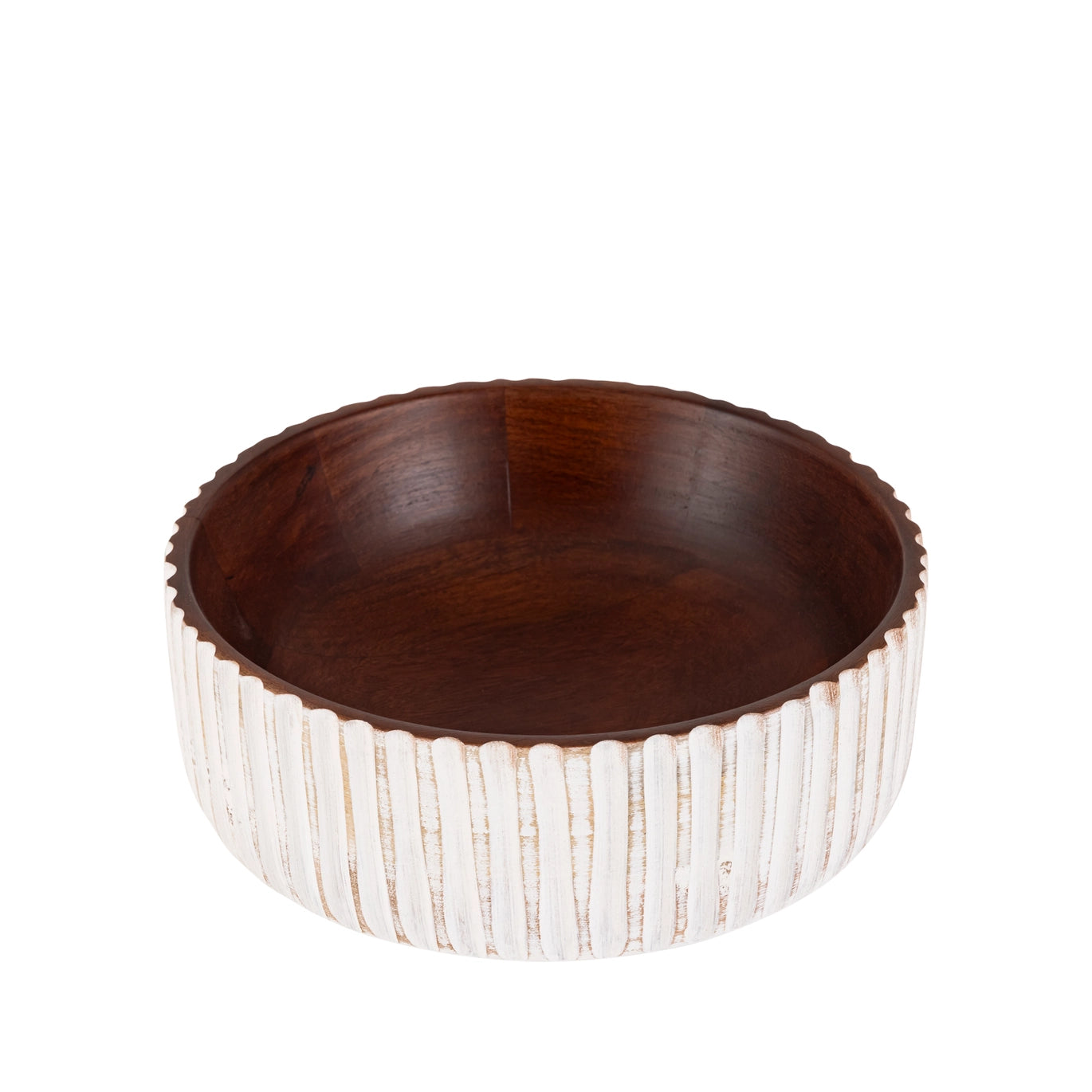 White & Walnut Large Round Wooden Bowl 10" D - Rustike Home
