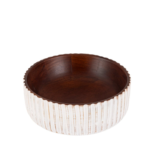 White & Walnut Large Round Wooden Bowl 10" D