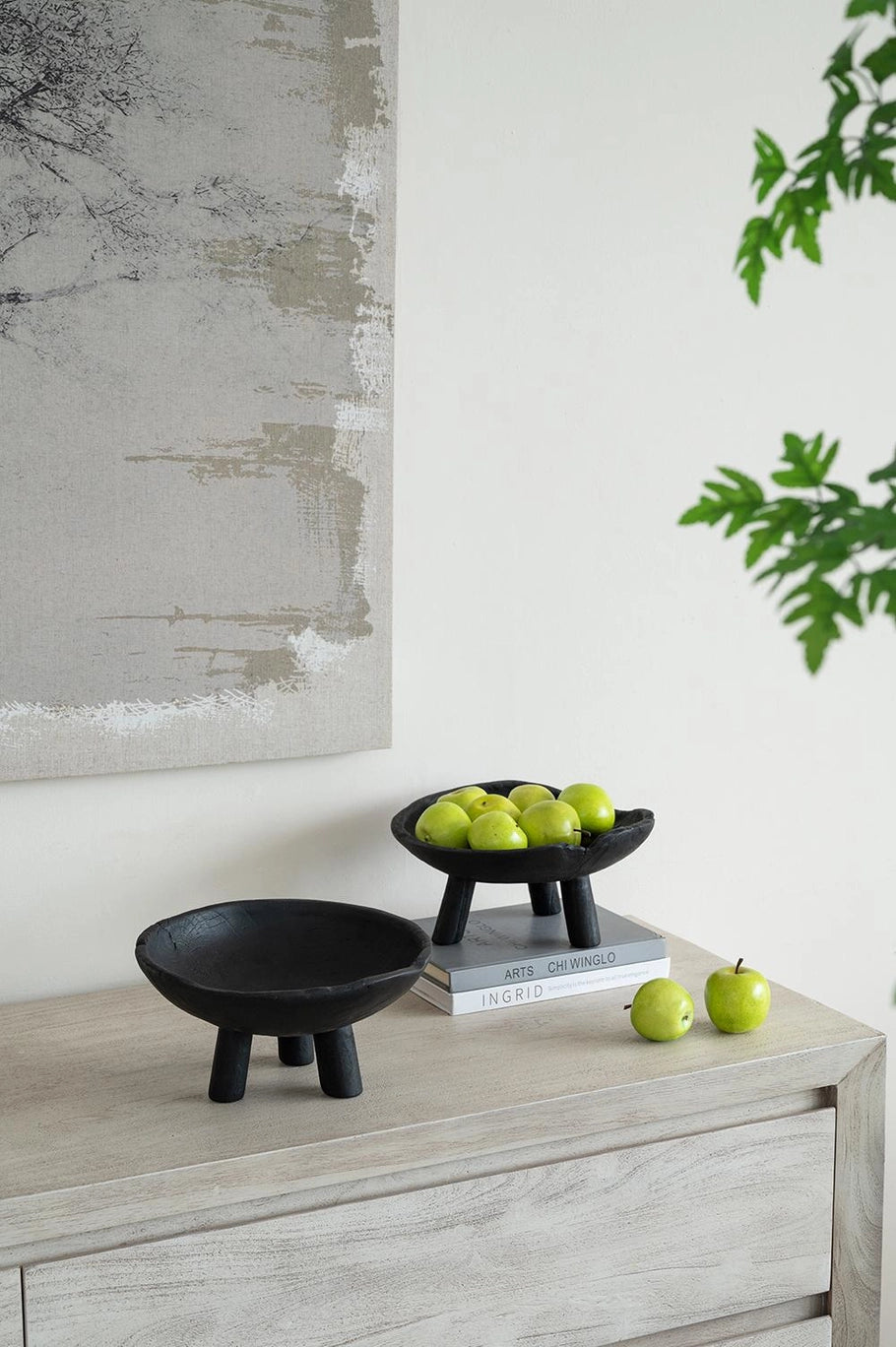 Black Teak Wood Footed Decorative Bowls – Set of 2