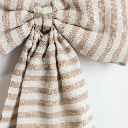 Beige White Striped Fabric Bow – Decorative Nursery Ribbon Accent - Rustike Home
