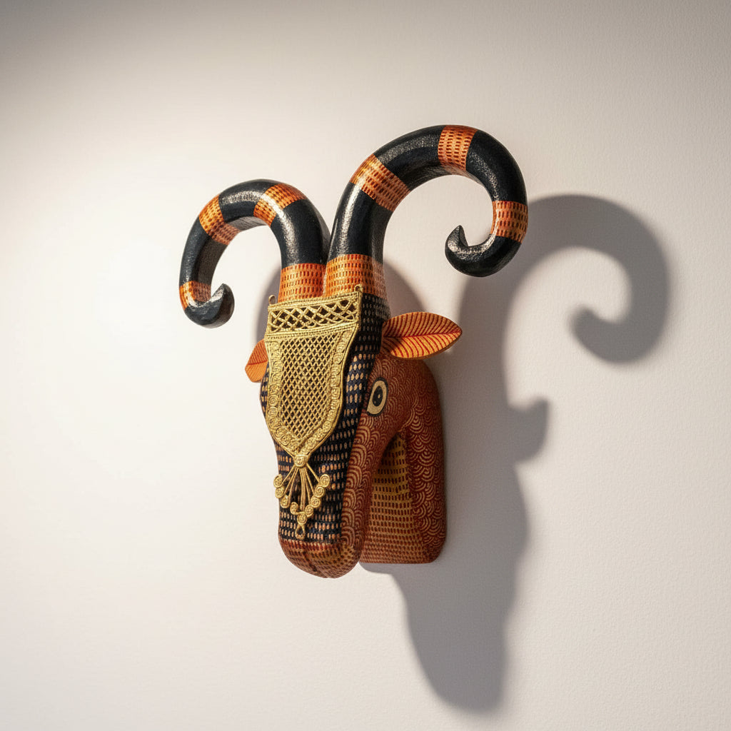 Brown Black Ram Head Handcrafted Wooden Wall Art