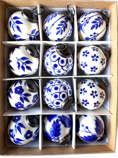 Blue and White Ceramic Balls Christmas Ornaments Set of 12 Flowers & Leaves - Rustike Home