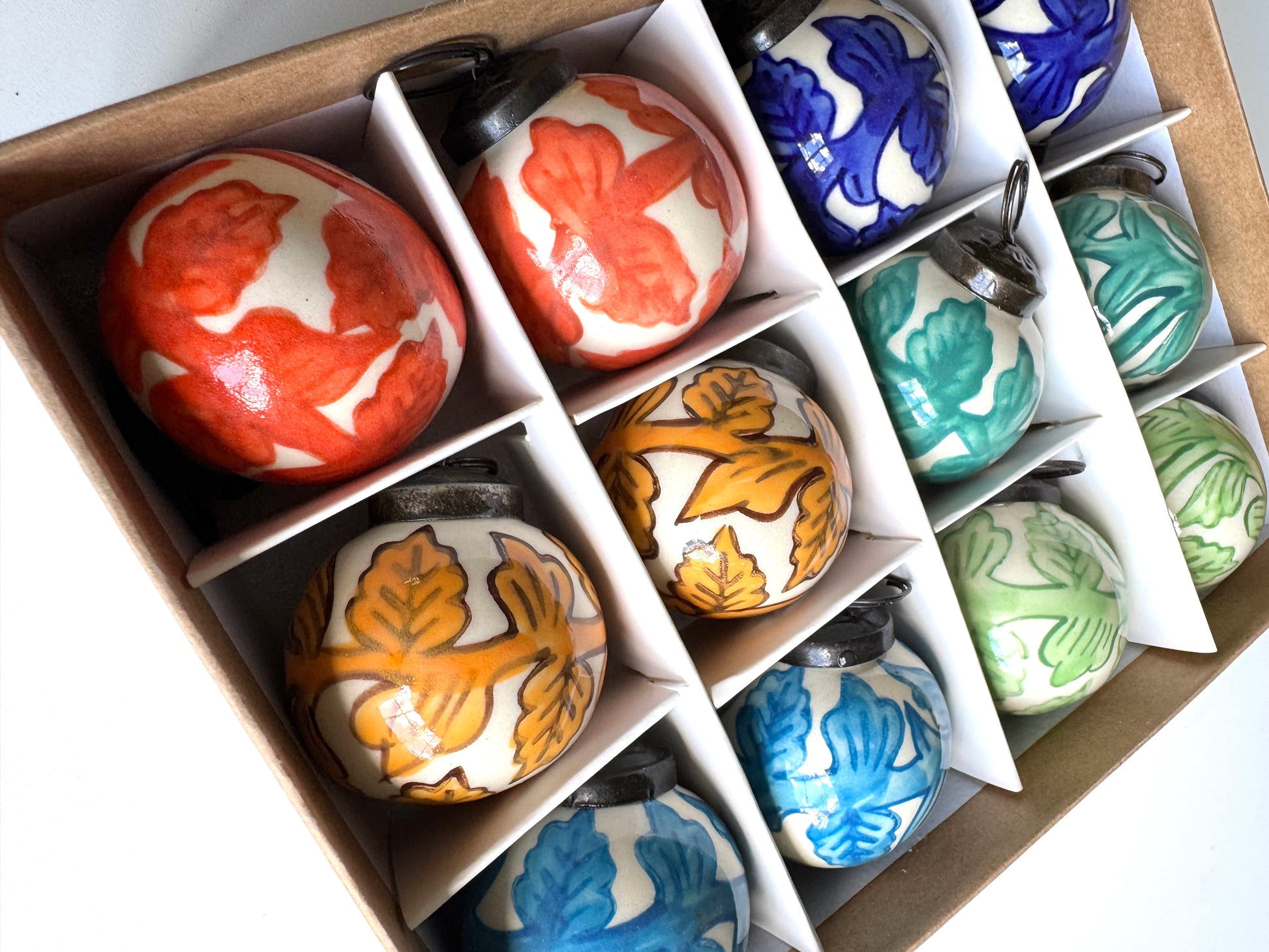 Multicolor Leave Ceramic Balls Christmas Ornaments Set of 12 - Rustike Home