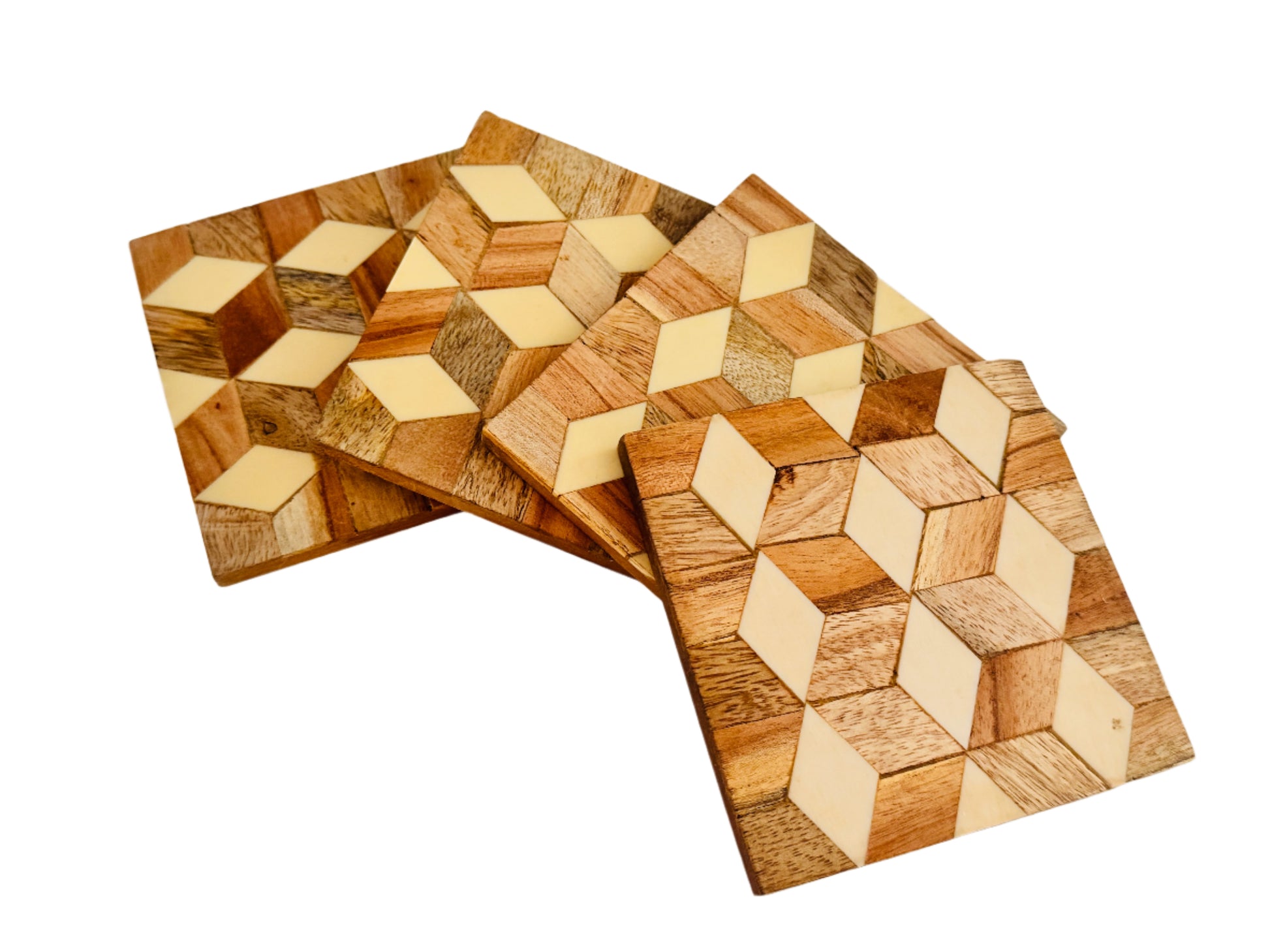 Hexagon Wood and Resin Rectangular Pattern Coasters, Set of 4 - Rustike Home