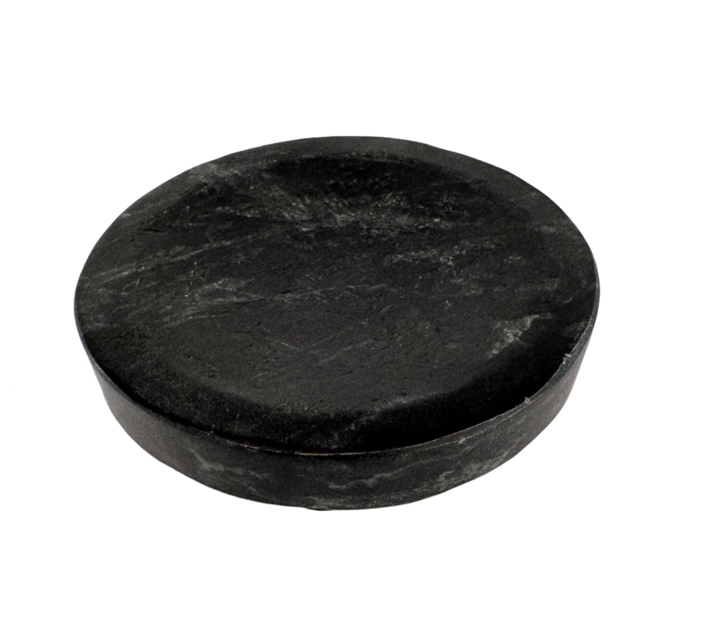 Round black stone coaster on a white background