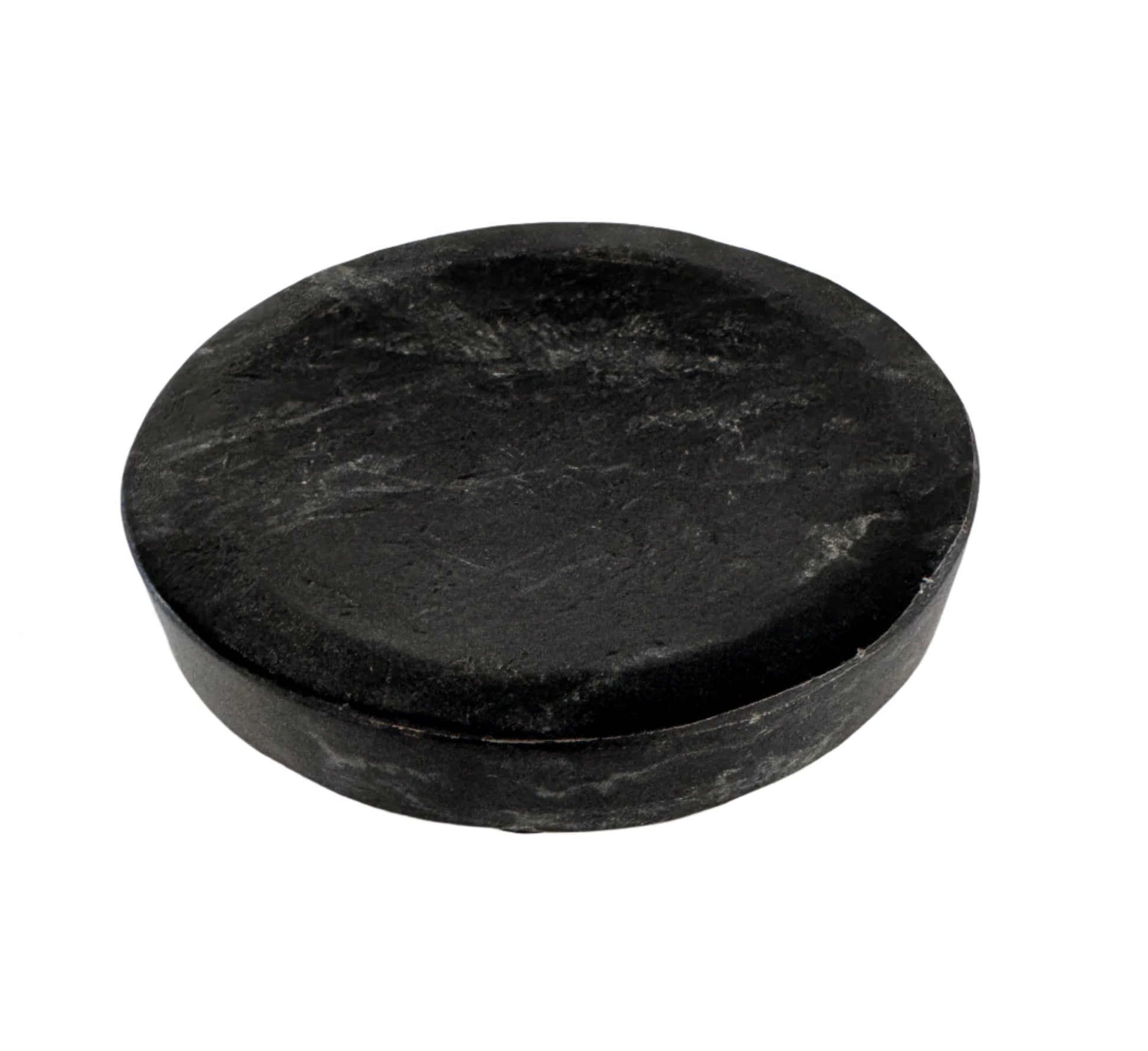 Round black stone coaster on a white background